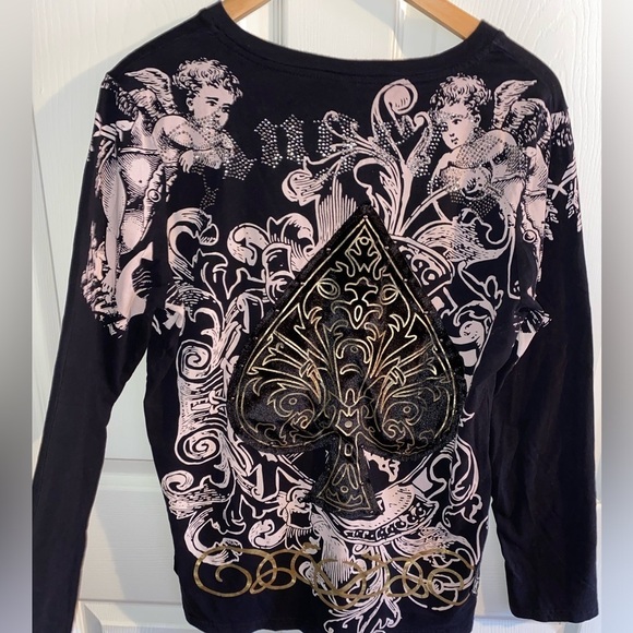 Electric Shock Tops - Black Spade Women’s Long Sleeve Shirt, Angels Written in Rhinestone Size Large